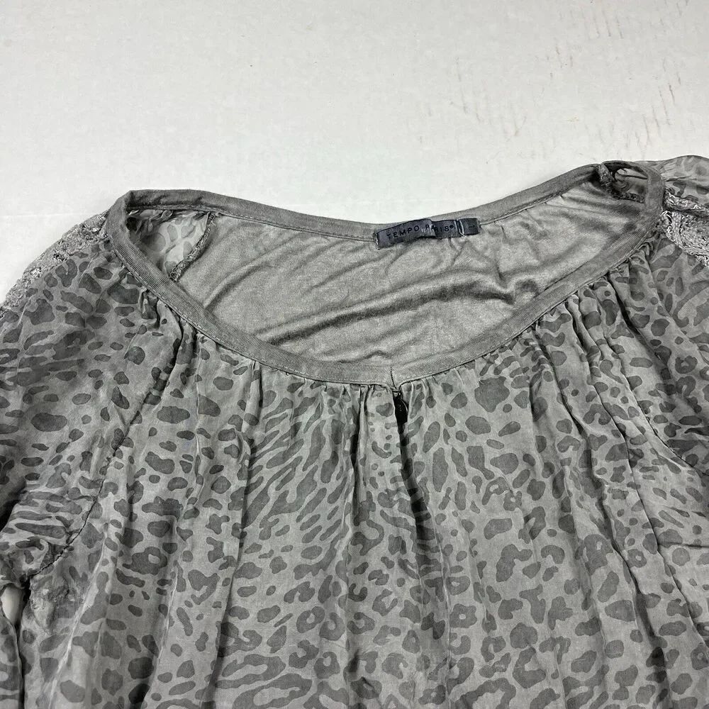 Tempo Paris Womens Silk Blend Peasant Blouse Gray Print Long Sleeve Top LARGE - Picture 3 of 11